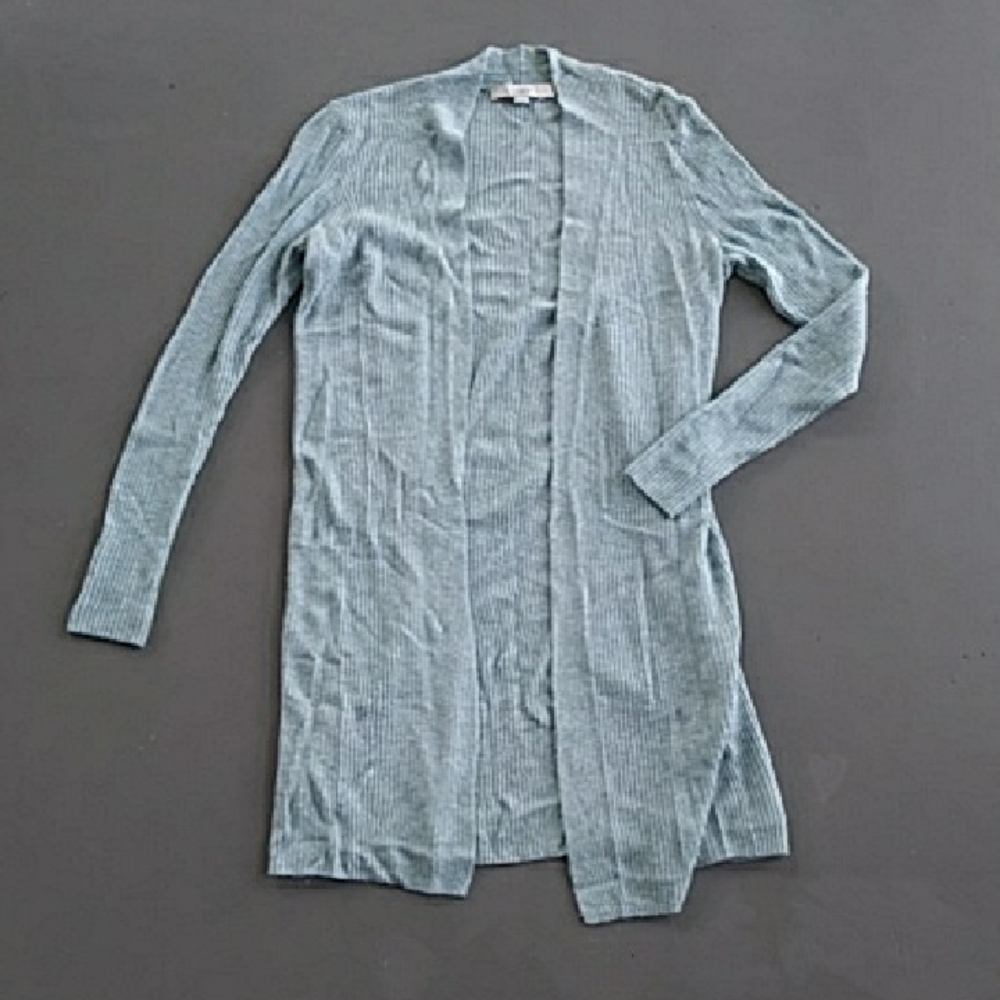 LOFT Wool Blend Marled Light Blue Long Line Open Front Cardigan